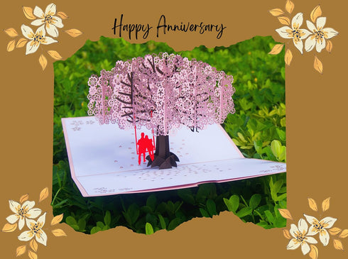Valentines Day Cards - Pop Up Anniversary Card for Wife, 3D Wedding Birthday Card, Cherry Blossom Swing