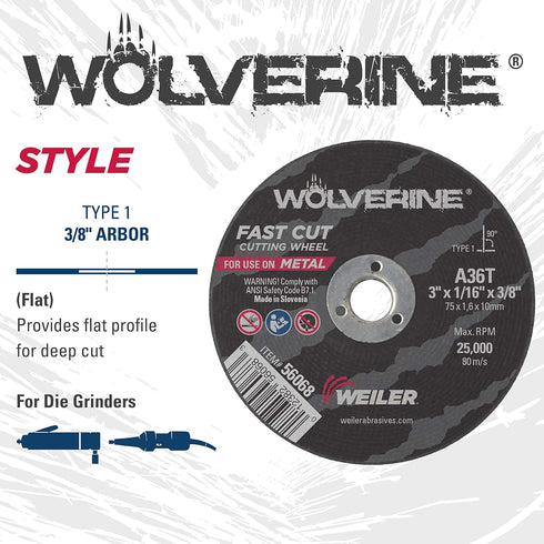 Weiler 56089 Die Grinder Cut-Off Wheel and Mandrel Kit, 3-Inch x 1/16" Wolverine T1 Thin Wheels, 1 Mandrel