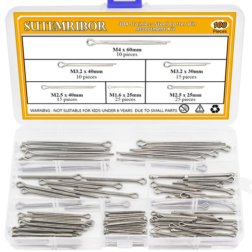 100PCS Cotter Pin Clip Key Fastener Fitting Assortment Kit - Made of 304 Stainless Steel
