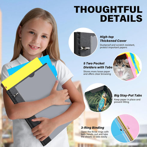 WOT I Telescoping Project Organizer, Refillable 3 Ring Binder Pocket Folder, Black with Custom Cover