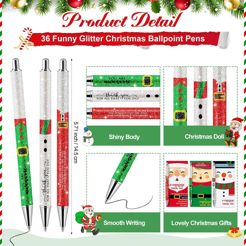 Sayglossy 36 Sets Christmas Glitter Pen Gifts Bulk Glitter Santa Claus Novelty Pens Snowman Elf Inspirational Christmas