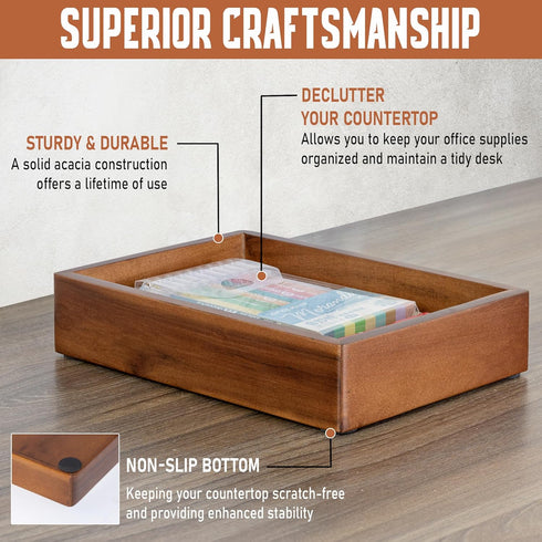 Desk Accessories Tray, 9.5x6.7x2 inch Office Box Tray for Pens, Stapler, Notes, Wooden Stationery Saver
