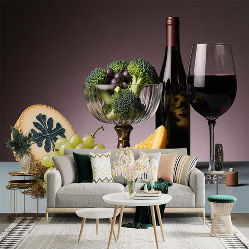 lnzCzhyre Custom Size Wall Sticker Mural Broccoli Grapes Cheese Orange Slice Red Wine