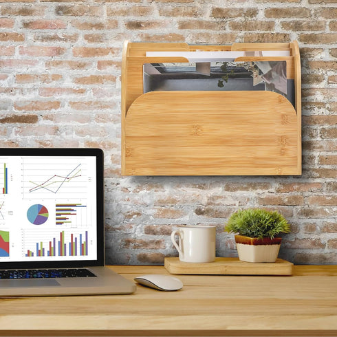 Jucoan Bamboo Countertop File Organizer, 4 Slot Vertical Wall Mounted Holder for Documents, Magazine Folder for Home