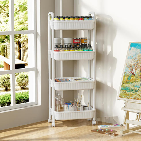 4 JOYZAN Tier Rolling Carts with Wheels, Utility Cart with Handle and Locking Caster, Storage Cart for Kitchen, Office