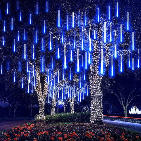 Blue Rain Drop Lights - 8 Tubes 30cm 144 LEDs Meteor Shower Cascading String Lights for Outdoor Christmas Party
