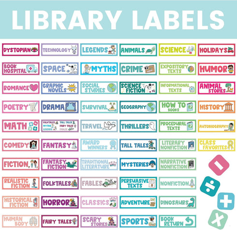Tinlade 56 Pcs Classroom Library Labels for School Library Genre & Topic for Book Teacher Supplies Cards for Classroom