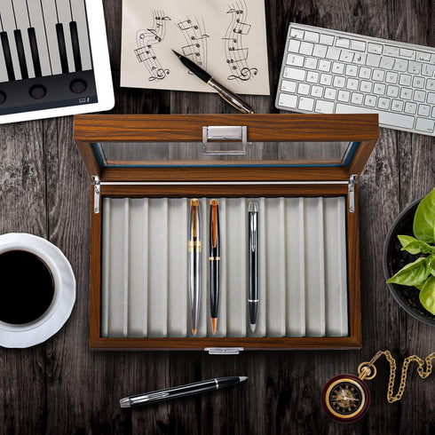 Yesland Black Walnut Wood Pen Display Box, 12 Slot Fountain Pen Organizer with Clear Glass Window, Luxury Pen