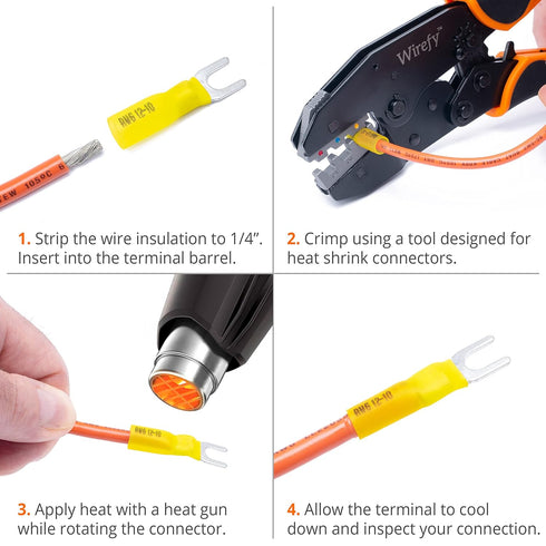 Wirefy 90 PCS Marine Grade Heat Shrink Fork Connectors #10 - Spade Fork Wire Terminals - Yellow 12-10 Gauge