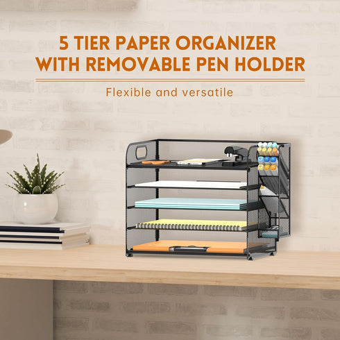 SUPEASY 2 Pack 5 Tier Desk Organizer - Mesh Paper/File Organizer with Handle & Removable Pen Holders
