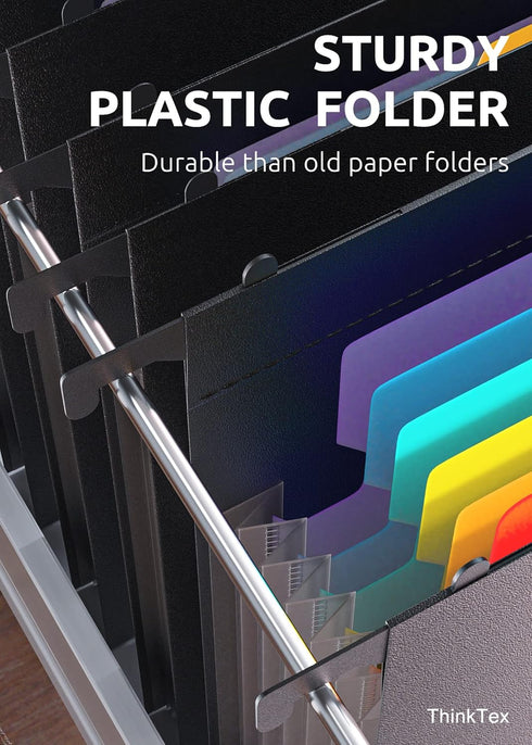 ThinkTex Plastic Expanding Hanging File Folders - 7 Innovative Accordion Pockets, Letter Size, Black, 6 Pack