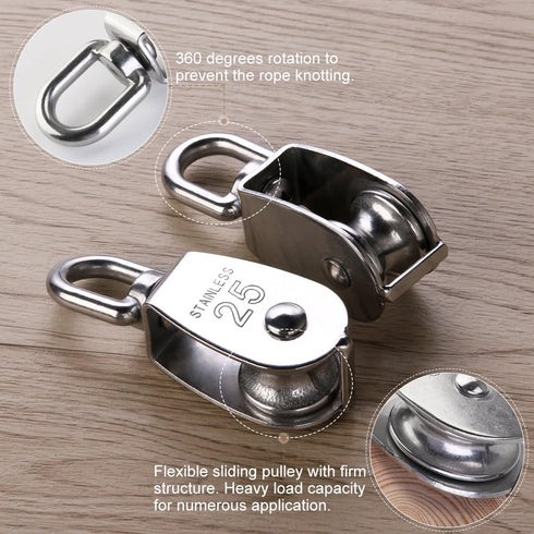 2Pcs 25MM Single Pulley Block in 304 Stainless Steel M25 - Loading 400kg, Silver