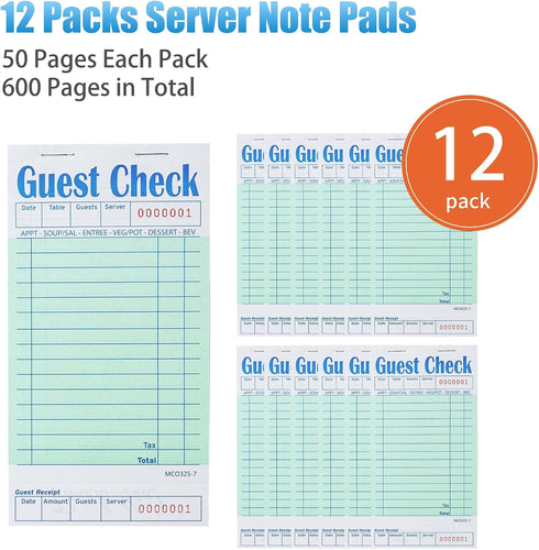 12 Pack 50 Sheets/Pack, 600 ZPARIK Green Guest Checks Books for Servers Server Note Pads, Waiter Checkbook, Waitress