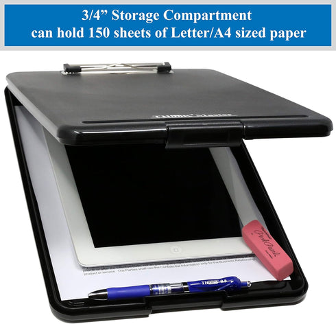 Think2Master Black Plastic Storage Clipboard, 25% Heavier & Sturdier, Storage Compartment Holds 150 Letter Sized Paper