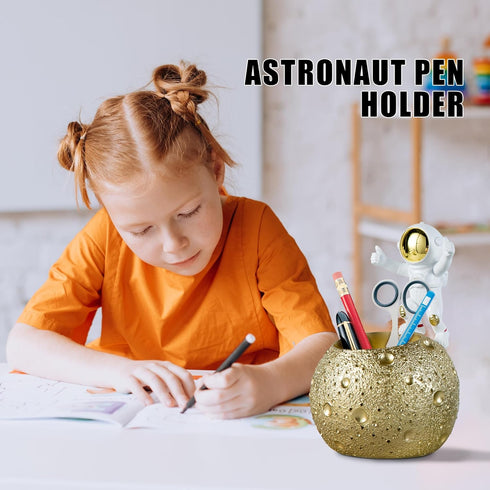 Kimdio Pen Holder - Astronaut Stand for Desk Pencil Holder, Resin Moon Organizer for Office, Classroom, Home - Gold