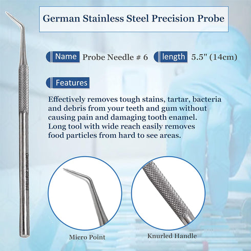 A2Z- 6pc #6 45 100% 5.5" Dental Pick Oral Hygiene Probe degree Angled, Tooth Scraper Tartar & Plaque Remover