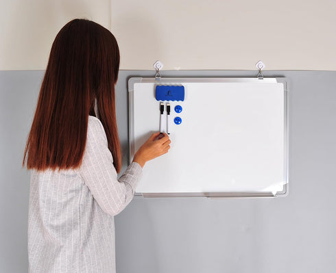 Whiteboard Set - 24 x 18 Dry Erase Board with 1 Magnetic Eraser, 4 Markers, 4 Magnets - Small Hanging Scoreboard for