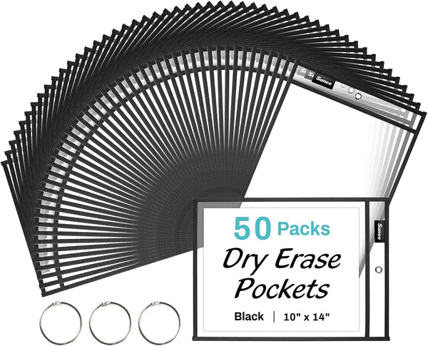 SUNEE 50 Packs Oversized Reusable Dry Erase Pocket Sleeves with 3 Rings,