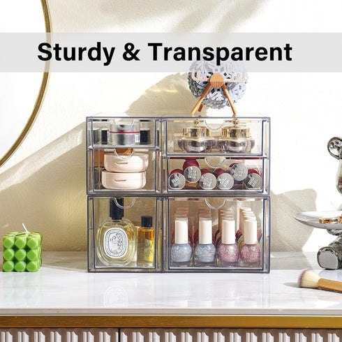 Prsildan Acrylic Drawer Makeup Organizer with 6 Drawers, Set of 2 Clear Stackable Storage for Vanity and Office