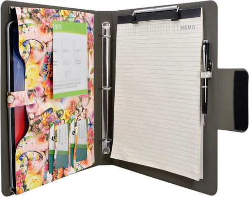 Padfolio Ring Binder with 3-Ring Binder, Color File Folders, Flower Painting PU Leather Organizer, Clipboard (Pink)