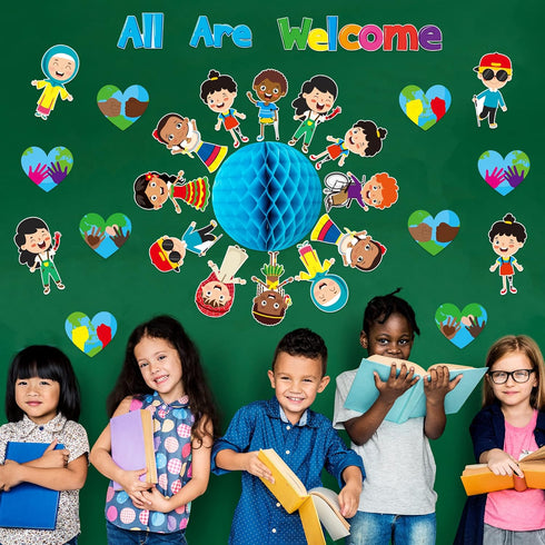 BeYumi 75PCS Student Diversity Bulletin Board Set, All are Welcome Hearts Cutouts for Classroom Decoration