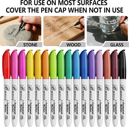 Buecs 96 Count 16 Permanent Markers, Fine Point Permanent Markers, colors, Waterproof & Smear Proof Markers, Quick