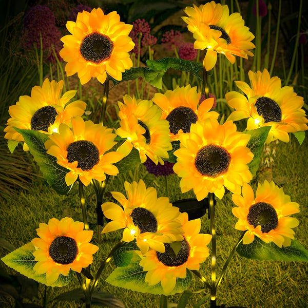 4-Pack Solar Sunflower Garden Decor, 12 LED Flower Stake Lights - Waterproof