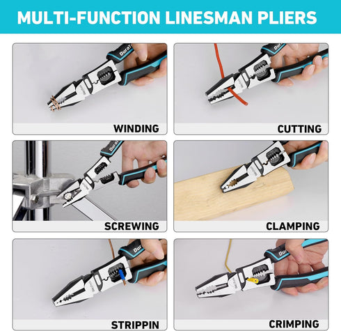 DURATECH 6-in-1 Linesman Pliers, 8.5" Multipurpose Combination Pliers with Wire Stripper/Crimper/Cutter Function, Heavy Duty Side-Cutting Pliers for Crimping, Stripping, Shearing, Screwing