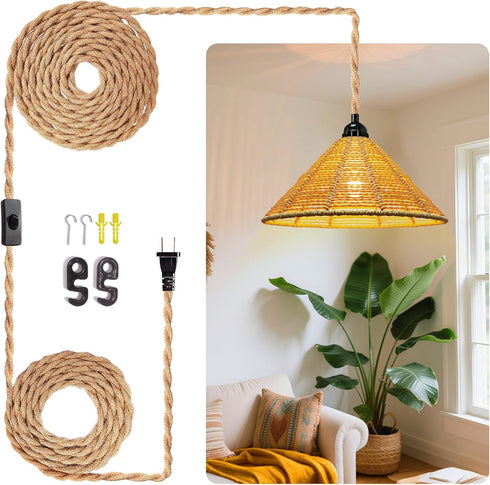 Maliralt Hanging Lamps Rattan Pendant Light - 16.4ft Plug in Cord Hanging Light
