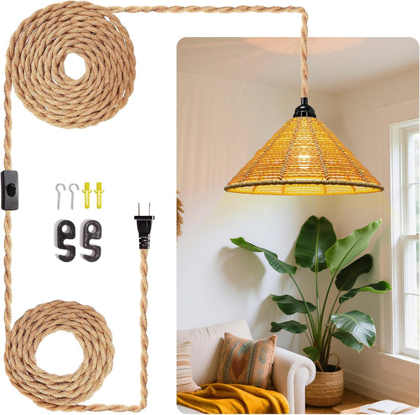 Maliralt Hanging Lamps Rattan Pendant Light - 16.4ft Plug in Cord Hanging Light