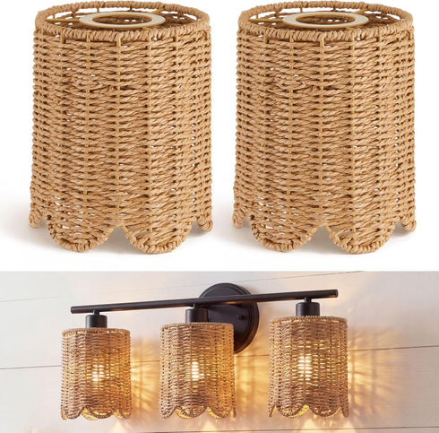 Glooglitter 2 Pcs Rattan Lamp Shade Small Scalloped Lampshade with E14 Adapter Ring