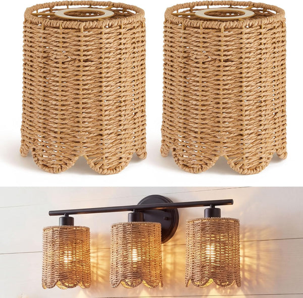 Glooglitter 2 Pcs Rattan Lamp Shade Small Scalloped Lampshade with E14 Adapter Ring