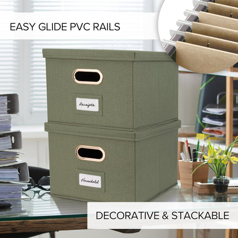 ZICOTO Set of 2 Decorative File Organizer Box - Collapsible Linen Filing Cabinets with Handles for Documents & Hanging