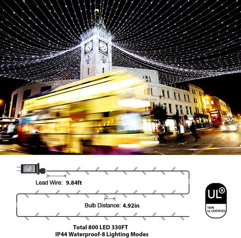 800LED 330FT 8 Outdoor Christmas String Lights, White Fairy Lights, Mode Plug in Waterproof Indoor Outdoor Decor Lights