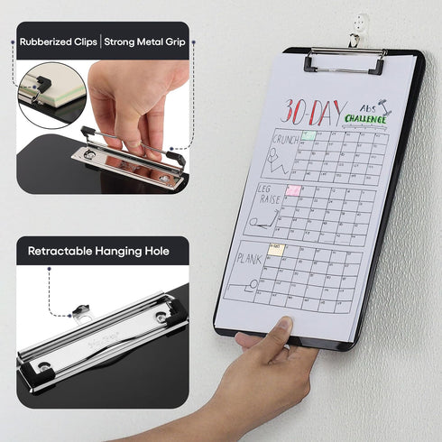 Mr. Pen Plastic Clipboard, Letter Size, Black, Low-Profile Metal Clip with Retractable Hanging Hole, Back to School