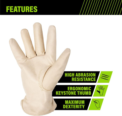 AWP Grain Leather Pigskin Work Gloves - X-Large Tan for Men and Women