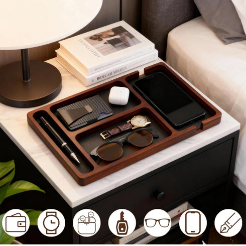 Generic Wooden Valet Tray with Leather Inlay - Key and Wallet Tray, Wooden Jewelry Tray - Nightstand Desk Organizer