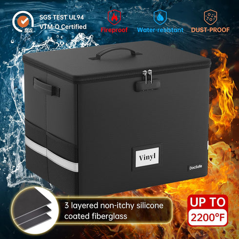 DocSafe Fireproof Vinyl Record Storage Box with Lock, Large Organizer for 150+ Single Records