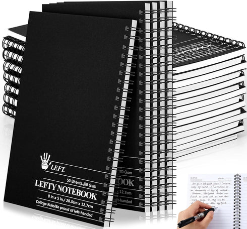 Lewtemi 15 Pack Small Left Handed Notebooks - 8" x 5", 50 Sheets, College Ruled, Black Wire Bound for Lefties