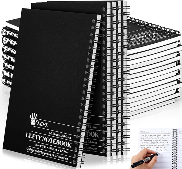 Lewtemi 15 Pack Small Left Handed Notebooks - 8" x 5", 50 Sheets, College Ruled, Black Wire Bound for Lefties