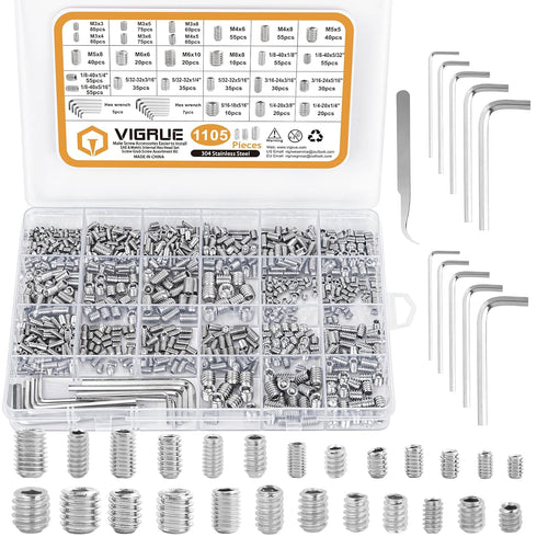 VIGRUE 1105PCS 25 Sizes Metric & SAE Set Screw Assortment Kit, 304 Stainless Steel, M3 to M8 and 1/8-40 to 5/16-18