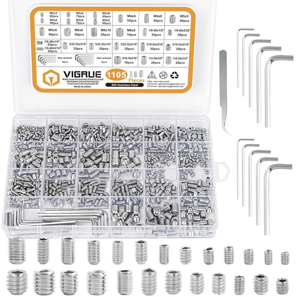 VIGRUE 1105PCS 25 Sizes Metric & SAE Set Screw Assortment Kit, 304 Stainless Steel, M3 to M8 and 1/8-40 to 5/16-18