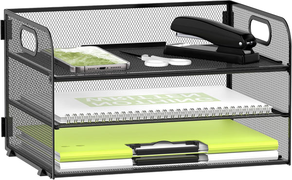 Daltack 3-Tier Paper Organizer - Black Mesh Desk Letter Tray with Handle for A4 File Folder, Paper Organizer