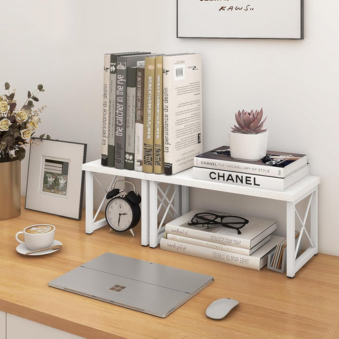 ELITEROO White Wood Desktop Shelf, 2 Tier Freestanding Small Bookshelf, Adjustable Storage Organizer for Kitchen