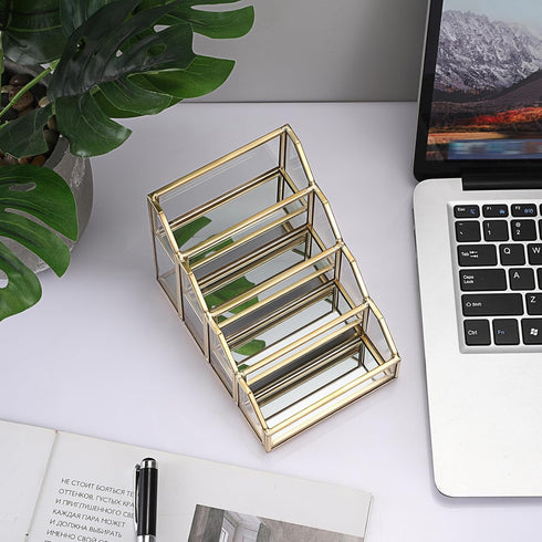 Hipiwe 4 Slots Glass Business Card Holder for Desktop, Gold Mirrored Business Card Display Stand, Multiple Clear