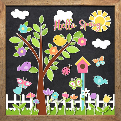 Whaline 116Pcs Spring Bulletin Board Decorations Set Colorful Tree Flower Bird Butterfly Cutouts