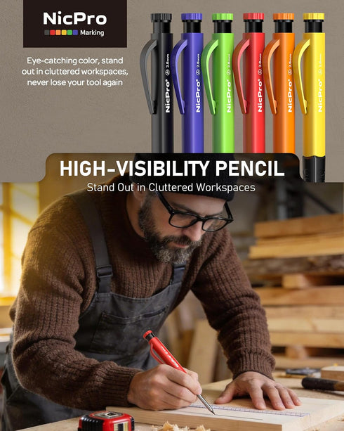 6 Pack 3-IN-1 Set 54 Nicpro Upgraded Carpenter Pencil with Finger Grip, Construction Pencils with Refill & Mini Spirit