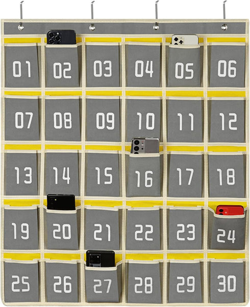 Loghot Numbered Classroom Sundries Closet Pocket Chart, 30 Pockets Gray, Wall Door Hanging Organizer for Cell Phones