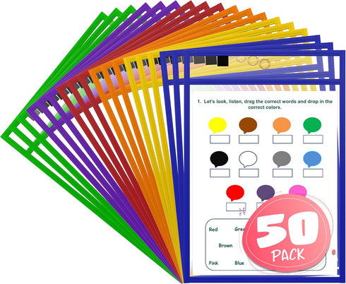 SCRIBBLEDO Dry Erase Pockets Reusable Dry Erase Sleeves with Marker Holder Colorful