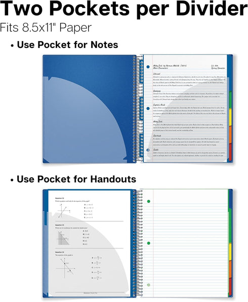 Dunwell 5-Subject Notebook, College Ruled, 8.5 x 11 (Blue), 200 Sheets (400 Pages) with Tabs and Pockets